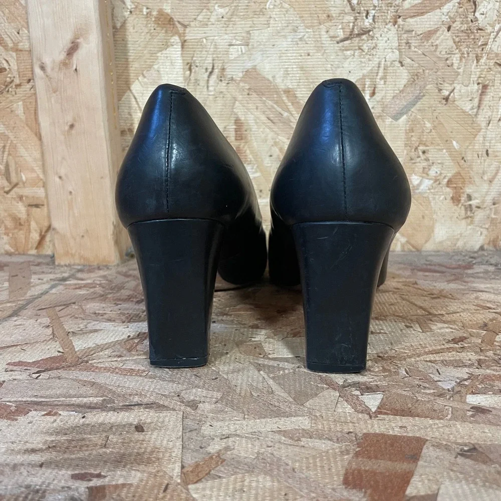 Tory Burch Block Heel Pumps Womens Size 9.5 Janey Black Gold Logo Leather Heels